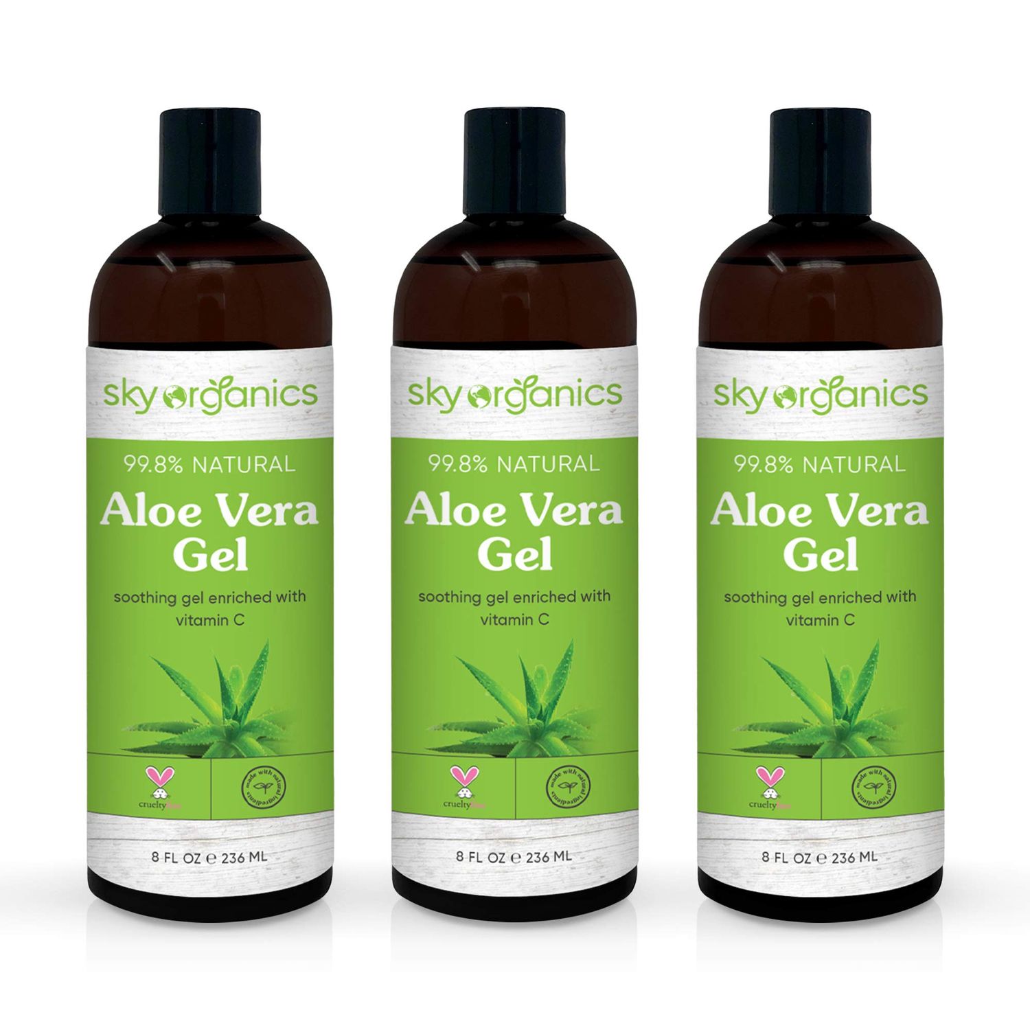 Aloe Vera Gel (8oz x 3 Pack) All Natural Ultra Hydrating Skin Cooling Aloe Gel, Non-Sticky Relief of Sunburns, Razor Burns, Bug Bites- Hair Conditioner &amp; Gel- Cold Pressed, Made in USA
