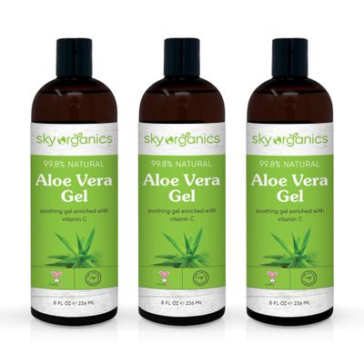 Aloe Vera Gel (8oz x 3 Pack) All Natural Ultra Hydrating Skin Cooling Aloe Gel, Non-Sticky Relief of Sunburns, Razor Burns, Bug Bites- Hair Conditioner &amp; Gel- Cold Pressed, Made in USA