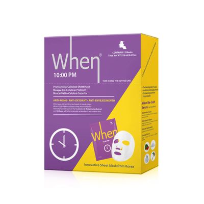 Anti-Aging Bio-Cellulose Facial Sheet Mask - When Beauty 10PM Face Premium Korean Skincare Moisturizing Texture Improvement Fine Lines Wrinkles Reduce For All Skin Types (12 pcs set)