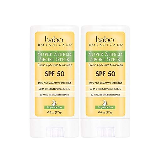 Babo Botanicals Super Shield SPF 50 Stick Sunscreen - 70% Organic Ingredients - Natural Zinc Oxide - For all ages - NSF &amp; MADE SAFE Certified - EWG Verified - Water Resistant - Fragrance-Free - 2-Pack