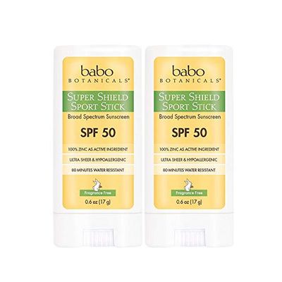 Babo Botanicals Super Shield SPF 50 Stick Sunscreen - 70% Organic Ingredients - Natural Zinc Oxide - For all ages - NSF &amp; MADE SAFE Certified - EWG Verified - Water Resistant - Fragrance-Free - 2-Pack