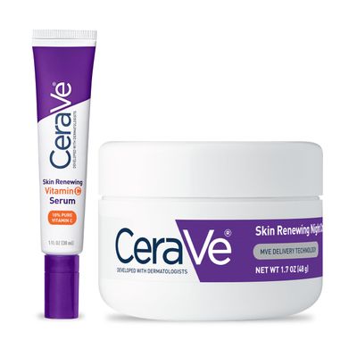 CeraVe Vitamin C Serum and Night Cream Skin Care Set, Brightening Serum with 10% Pure Vitamin C and Night Moisturizer with Peptides, Hyaluronic Acid and Ceramides, 1oz Vit C + 1.7oz Moisturizer