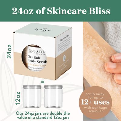 Bare Botanics Coconut Vanilla Body Scrub 24oz | Made in Madison, WI | All Natural Sea Salt Exfoliator w/ Skin Loving Moisturizers | Vegan &amp; Cruelty Free | Gift Ready Packaging w/ a Cute Wooden Spoon