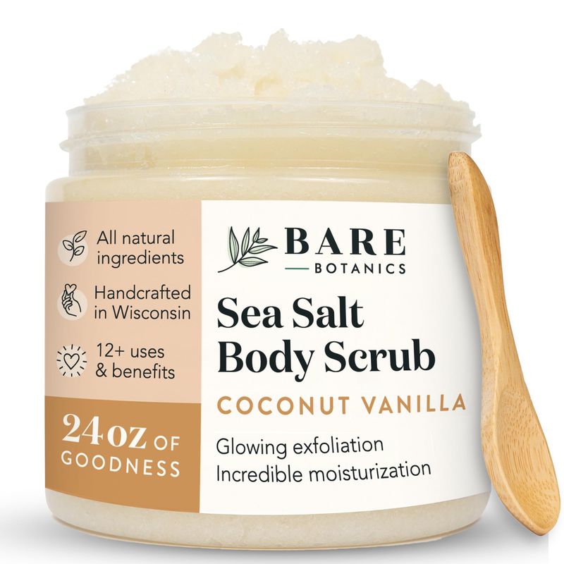 Bare Botanics Coconut Vanilla Body Scrub 24oz | Made in Madison, WI | All Natural Sea Salt Exfoliator w/ Skin Loving Moisturizers | Vegan &amp; Cruelty Free | Gift Ready Packaging w/ a Cute Wooden Spoon