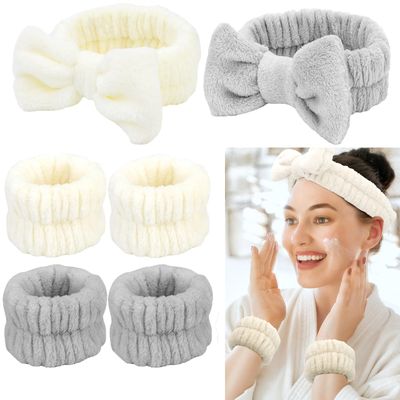 Canitor Spa Headband Wristband Set Skincare Headband for Washing Face Makeup Headband Wrist Bands Wrist Towels Preppy Teen Girl Gifts Trendy Stuff Make Up Accessories (gray+beige)