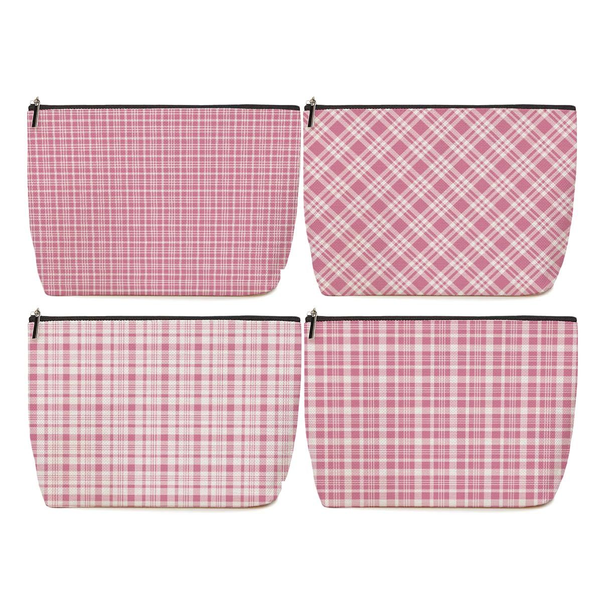 4Pcs Pink Gingham Plaid Checkered Makeup Bag Skincare Bag Travel Toiletry Bag Makeup Pouch Cosmetic Bag Birthday Christmas Thank You Friendship Gifts for Women Aunt Girls Coworker Teacher Friends