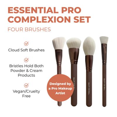Beauty For Real Essential Pro Complexion Brush Set - Includes 4 Brushes: Blush/Contour, Complexion, Powder &amp; Concealer - Vegan &amp; Cruelty Free