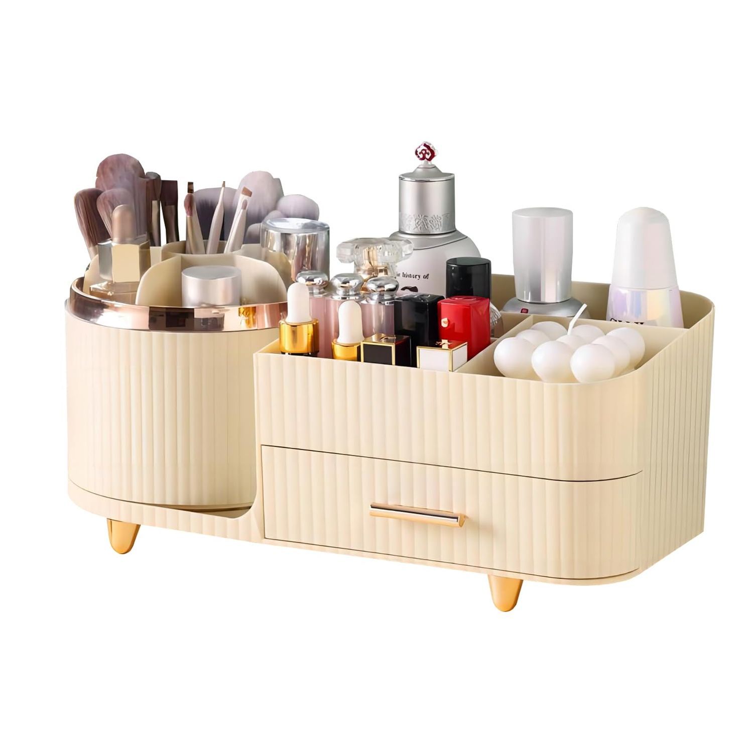 DASITON 360 Rotating Makeup Organizer with Drawers-Large Capacity Cosmetic Display Case for Skincare,Brushes,Eyeshadow&amp;Lipstick(Cream)