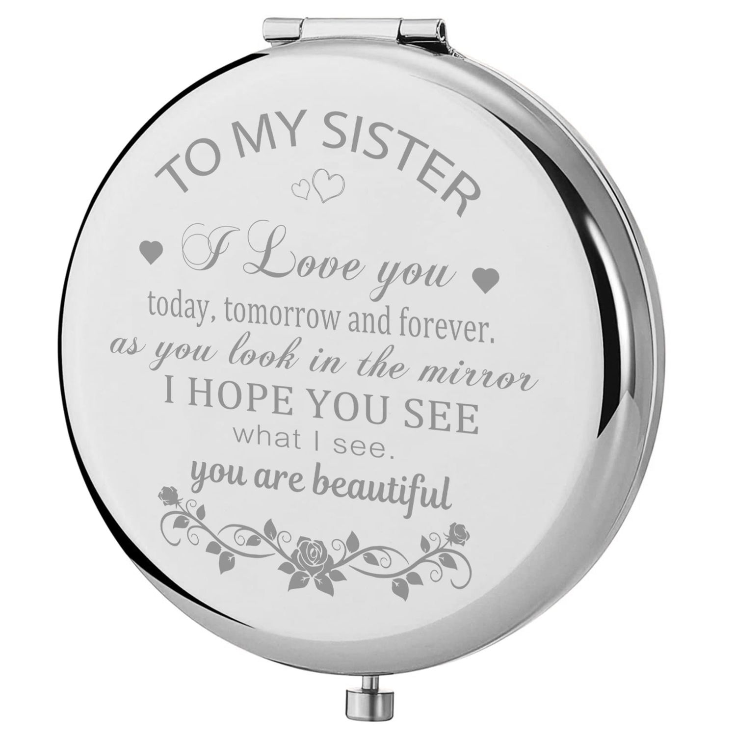 GAOLZIUY Compact Mirror Gifts from Sister, Silver Compact Mirror for Big/Litter Sister, Birthday Gifts for Sister Graduation, Valentine, Mothers Day, Thanksgiving