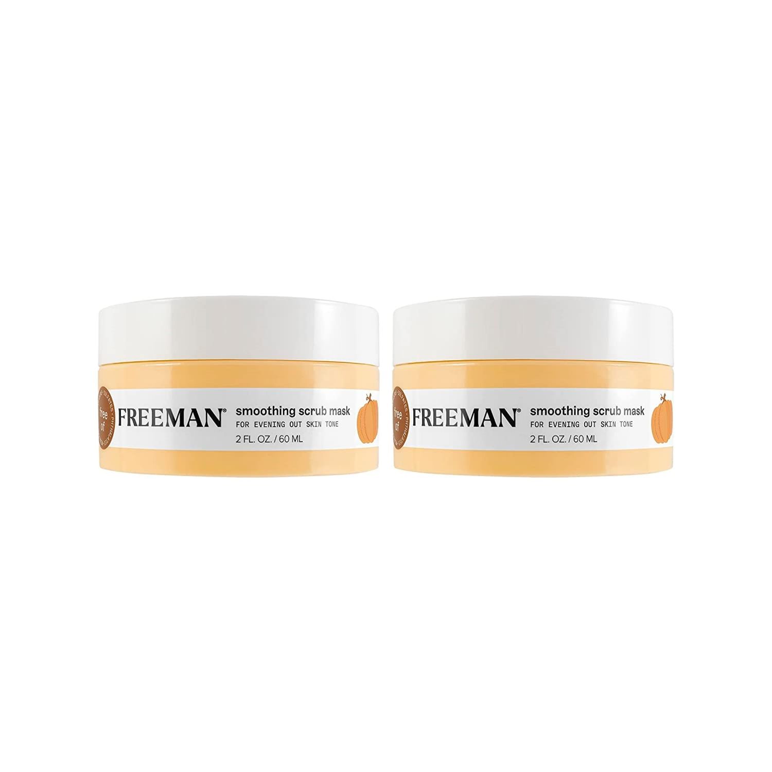Freeman Smoothing Scrub Mask, Facial Mask &amp; Face Scrub For Exfoliating Skin, Improve Skin Tone, Pumpkin Enzymes &amp; AHAs, Travel Size Skincare, Vegan &amp; Cruelty Free, 2 fl. oz./ 60 ml Jar, 2 Count