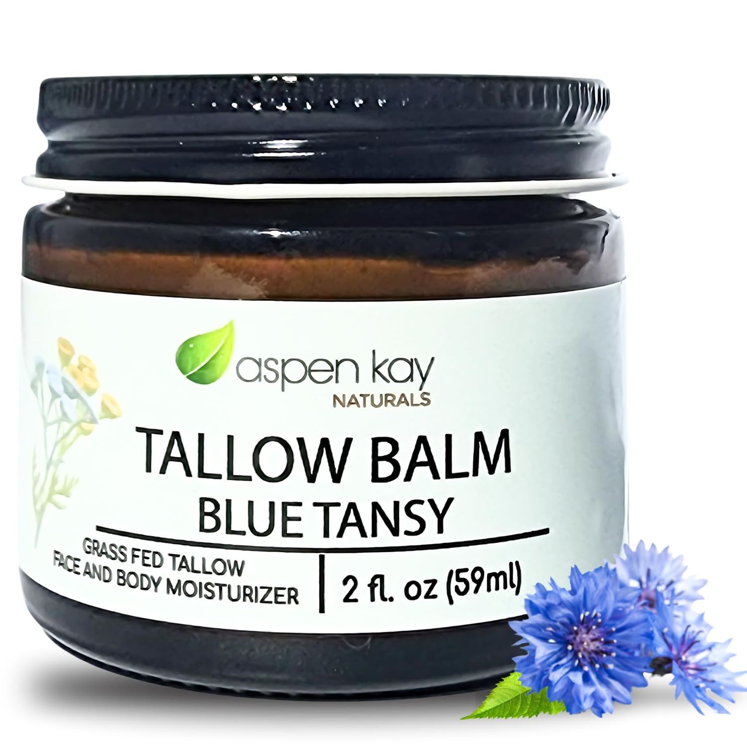 Aspen Kay Naturals Handmade Beef Tallow Moisturizer Cream (Blue Tansy) | 100% Grass Fed Beef Tallow for Skin | Tallow Balm with Natural &amp; Organic, Herb-Infused Ingredients | Made in USA | 2 fl oz