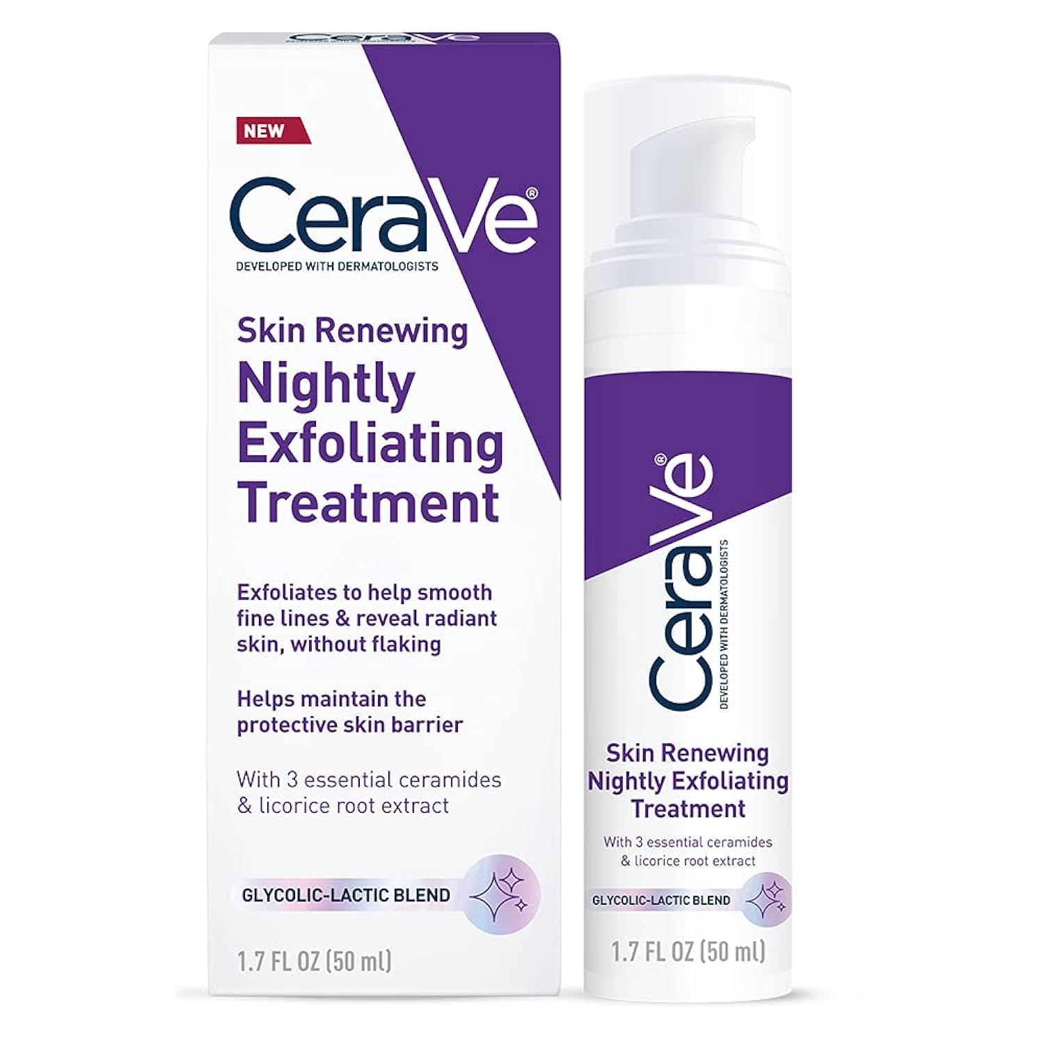 CeraVe Skin Renewing Nightly Exfoliating Treatment, Anti Aging Serum With 5% Blend Of Glycolic Acid &amp; Lactic Acid, Wrinkles &amp; Dark Spot Corrector For Face, Exfoliating Gel, 1.7 Oz
