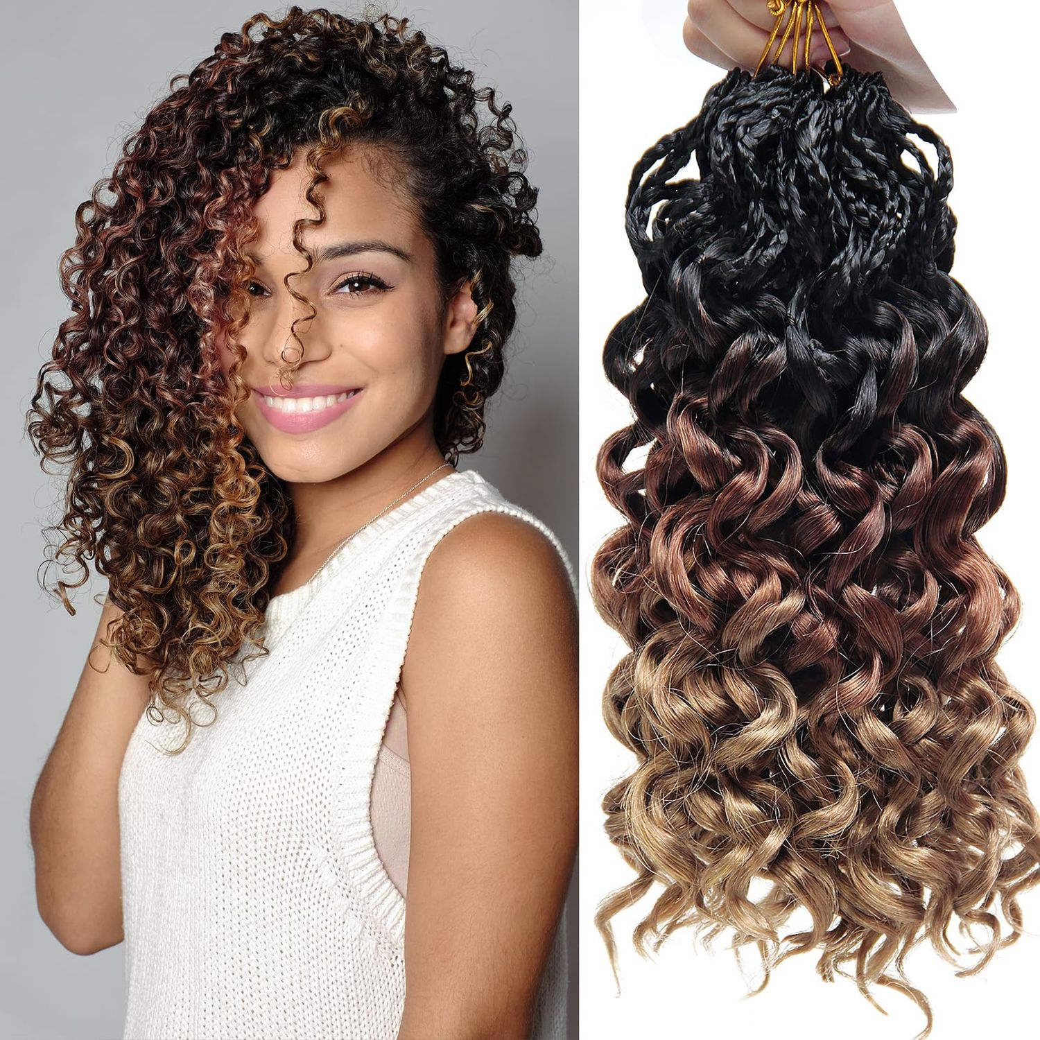 Gogo Curl Crochet Hair 10 Inch 8 Packs Curly Crochet Hair for Black Women Pre-Looped Deep Wave Crochet Hair Natural Water Wave Curly Beach Curl Crochet Hair Curly Braiding Hair Extensions (1B/30/27)
