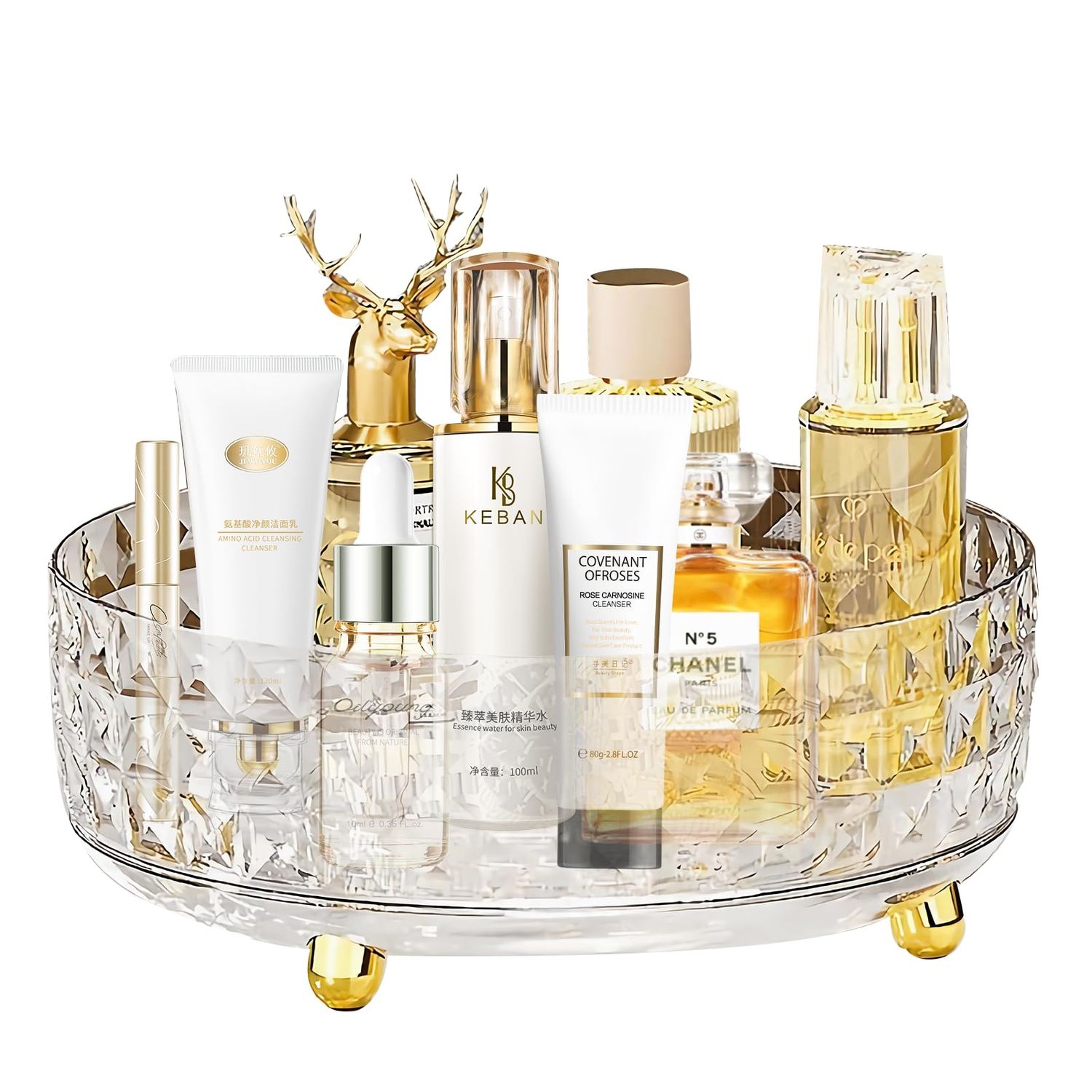360 Rotating Makeup Organizer for Vanity, Diamond Pattern Skincare Organizer Perfume Lazy Susan Organizer Bathroom Makeup Countertop Spinning Holder, Cosmetic Storage Display Cases (Clear)