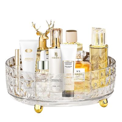 360 Rotating Makeup Organizer for Vanity, Diamond Pattern Skincare Organizer Perfume Lazy Susan Organizer Bathroom Makeup Countertop Spinning Holder, Cosmetic Storage Display Cases (Clear)