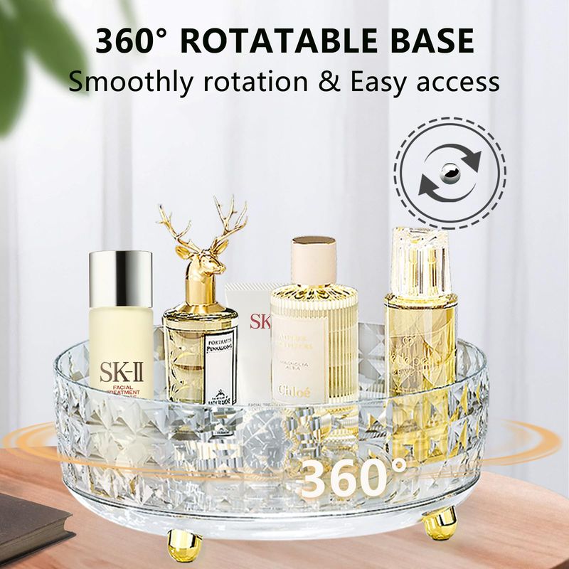 360 Rotating Makeup Organizer for Vanity, Diamond Pattern Skincare Organizer Perfume Lazy Susan Organizer Bathroom Makeup Countertop Spinning Holder, Cosmetic Storage Display Cases (Clear)