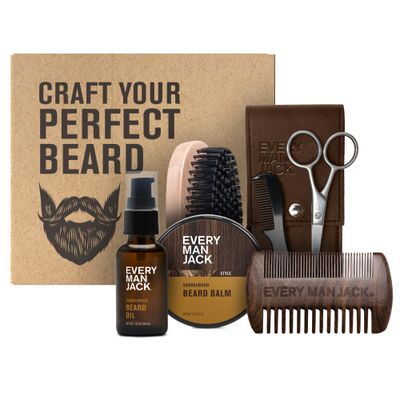 Every Man Jack Beard Grooming Kit for Men - Includes Sandalwood Beard Oil &amp; Beard Balm, Beard Brush, Wooden Dual-sided Comb, Trimming Scissors and Mustache Comb