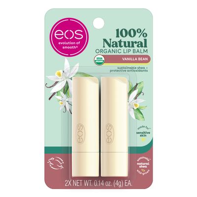 eos 100% Natural &amp; Organic Lip Balm Sticks- Vanilla Bean, All-Day Moisture, Dermatologist Recommended, 0.14 oz, 2-Pack