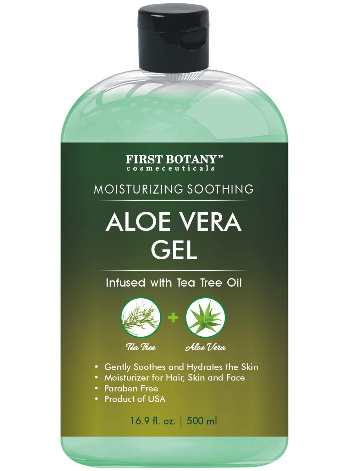 First Botany, Aloe Vera Gel from 100 Percent Pure Aloe Infused with Tea Tree Oil - Natural Raw Moisturizer for Hand Sanitizing Gel, Skin Care, Hair Care, Sunburn, Acne &amp; Eczema -16.9 fl oz | 500 ml
