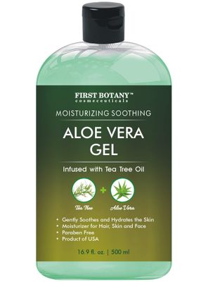First Botany, Aloe Vera Gel from 100 Percent Pure Aloe Infused with Tea Tree Oil - Natural Raw Moisturizer for Hand Sanitizing Gel, Skin Care, Hair Care, Sunburn, Acne &amp; Eczema -16.9 fl oz | 500 ml