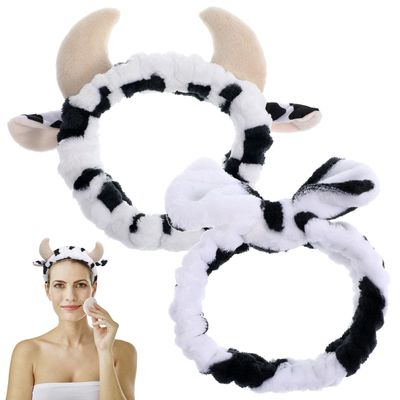FRCOLOR Cow Plush Headband 2pcs Cow Headbands Bownot Spa Headband Cute Animal Horn Face Wash Headband Soft Coral Fleece Makeup Head Band for Face Washing Skincare