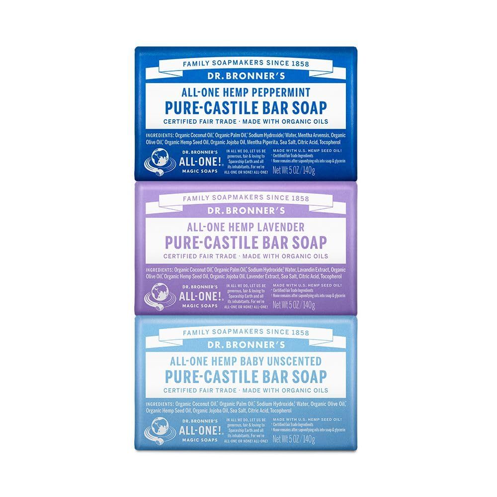 Dr. Bronner&#39;s Pure-Castile Bar Soap- Made with Regenerative Organic Oils- For Face, Body, Hair &amp; More- Vegan, All Natural Soap Bar for Men &amp; Women- Variety 3-Pack, Peppermint Lavender, Unscented