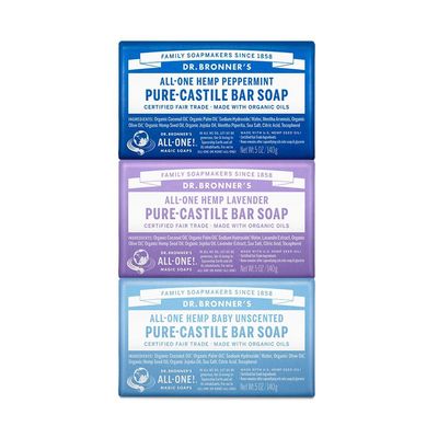 Dr. Bronner&#39;s Pure-Castile Bar Soap- Made with Regenerative Organic Oils- For Face, Body, Hair &amp; More- Vegan, All Natural Soap Bar for Men &amp; Women- Variety 3-Pack, Peppermint Lavender, Unscented