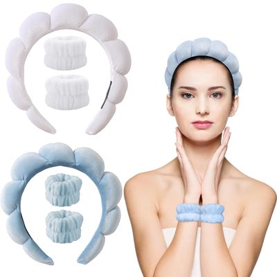 AWODUPH Velvet Makeup Headbands:Spa Headbands With Wristbands | Non-Slip, Super Absorbent &amp; Elastic Bubble Headband For Face Washing | Vibrant Colors Skincare Headbands(White &amp; Blue)