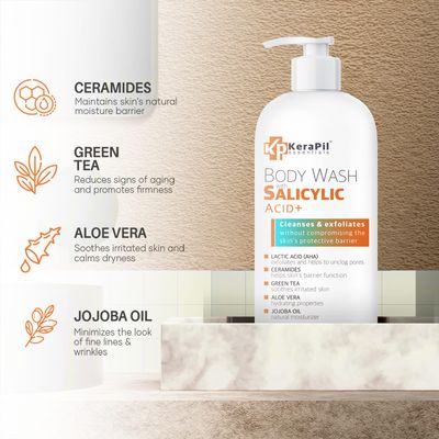 Exfoliating Body Wash With Salicylic Acid - Gentle Exfoliates Rough and Bumpy Skin, KP and Acne, with BHA &amp; AHA - Unscented Body Wash, Made in USA - (16 fl oz)