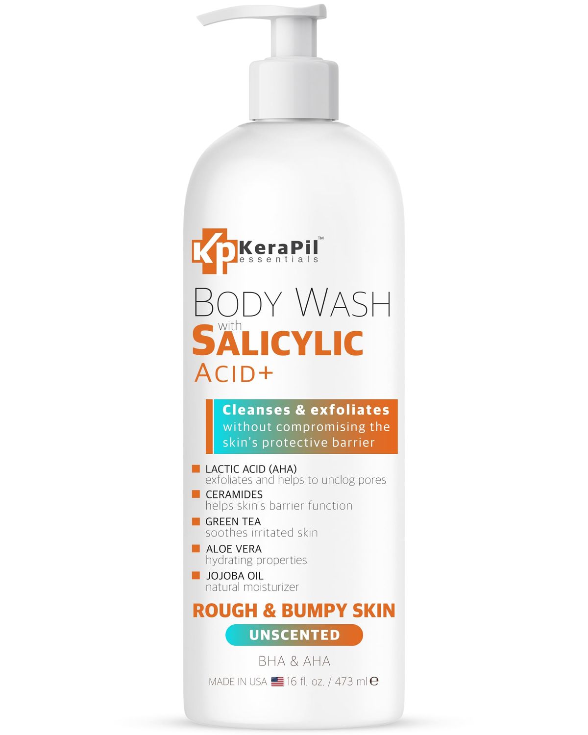 Exfoliating Body Wash With Salicylic Acid - Gentle Exfoliates Rough and Bumpy Skin, KP and Acne, with BHA &amp; AHA - Unscented Body Wash, Made in USA - (16 fl oz)