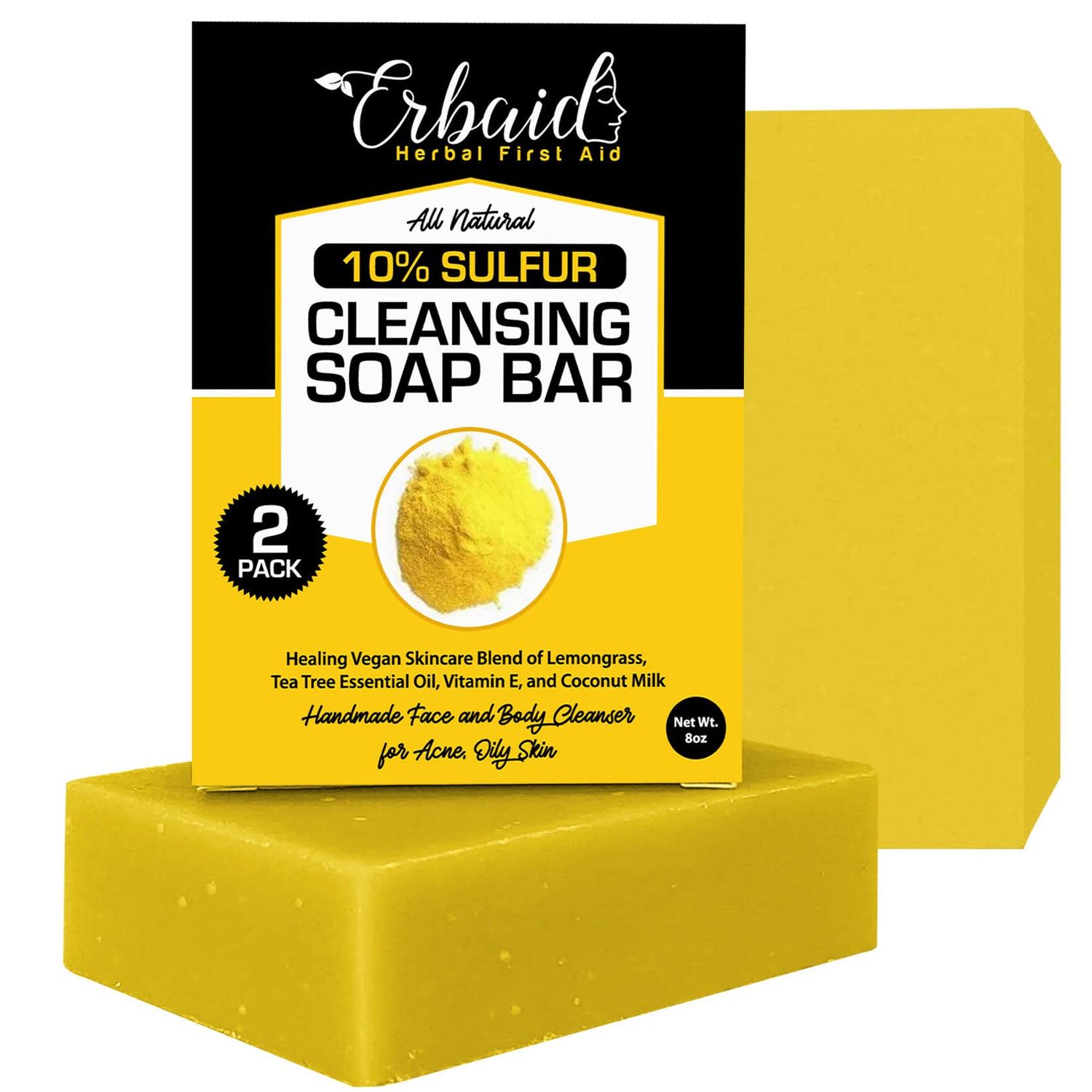 10% Sulfur Soap Cleansing Bar for Face &amp; Body - All Natural Facial Cleanser for Acne, Oily Skin - Healing Skincare Blend of Lemongrass, Tea Tree Essential Oil, Vitamin E, Coconut Milk - Made in USA