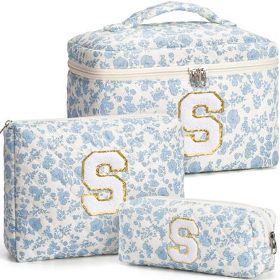 Birthday Gifts for Teen Girls Women - Personalized Initial Makeup Bag Quilted Cosmetic Bag Floral Make Up Bag Travel Toiletry Bag Teen Girl Gift Trendy Stuff Valentine Day Gift for Mom Daughter Friend