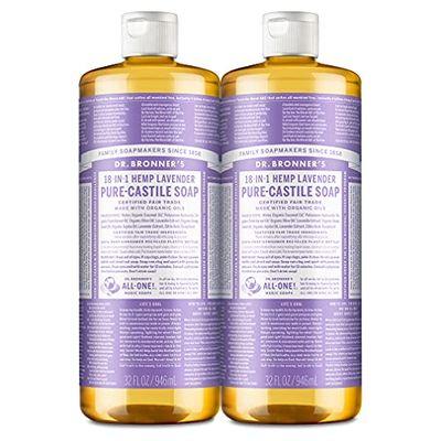 Dr. Bronner&#39;s - Pure-Castile Liquid Soap (Lavender, 32 ounce, 2-Pack) - Made with Organic Oils, 18-in-1 Uses: Face, Body, Hair, Laundry, Pets and Dishes, Concentrated, Vegan, Non-GMO