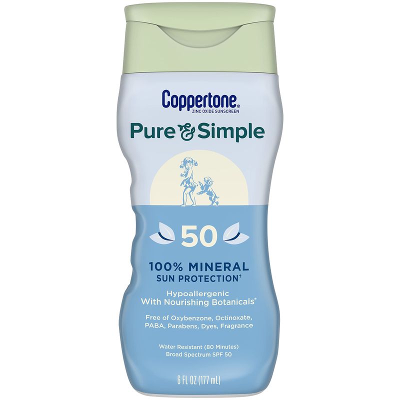Coppertone Pure and Simple Sunscreen Lotion, SPF 50 Broad Spectrum Sunscreen with Zinc Oxide, 6 Oz