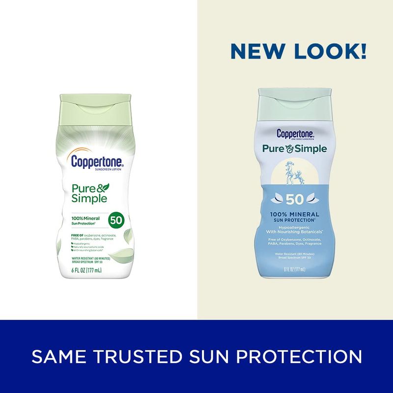 Coppertone Pure and Simple Sunscreen Lotion, SPF 50 Broad Spectrum Sunscreen with Zinc Oxide, 6 Oz