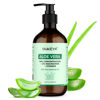 16.9 Fl Oz, OUKEYA Aloe Vera Gel - Soothing, Hydrating, and Nourishing for Face &amp; Body | 98% Natural Aloe Vera, Pure &amp; Organic for After Sunburn Relief, Skincare &amp; Hair Hydration, Calming Moisturizing
