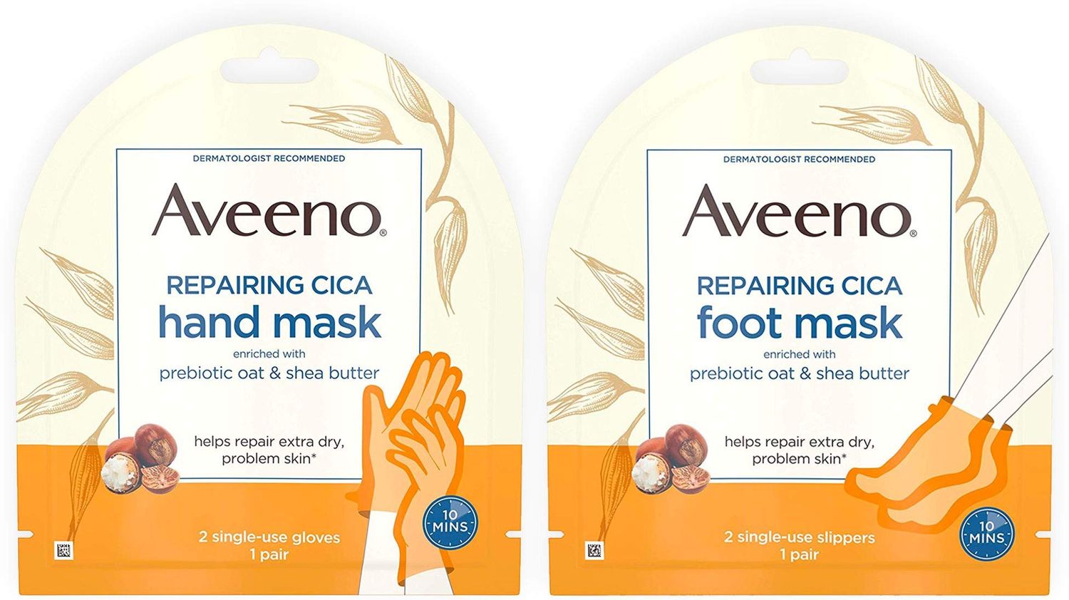 Aveeno Repairing CICA Foot Mask &amp; Hand Mask with Prebiotic Oat and Shea Butter, for Extra Dry Skin, 1 ea