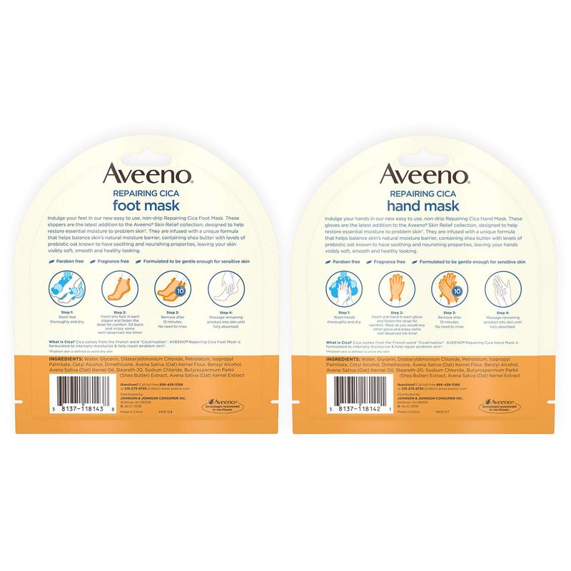 Aveeno Repairing CICA Foot Mask &amp; Hand Mask with Prebiotic Oat and Shea Butter, for Extra Dry Skin, 1 ea