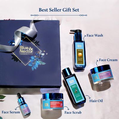 Blue Nectar Bestsellers Gift Set for Women & Men | Kumkumadi Face Serum, Anti Aging Cream, Hair Oil, Face Wash & Scrub | Gift Box for Birthday, Anniversary & Special Occasions | For All Skin Types