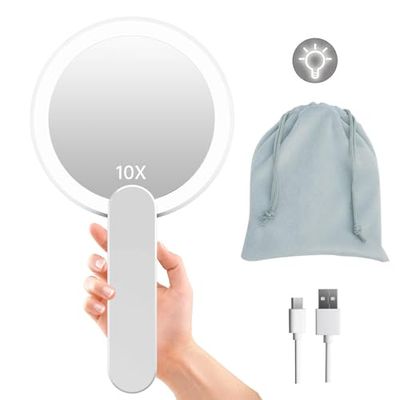 FASCINATE Handheld Mirror with Lights, 1X 10X Double Sided Magnifying Mirror with Swivel Handle, Perfect for Travel, Compact, Pocket, Purse, Folding, USB Charging with Flannel Bag
