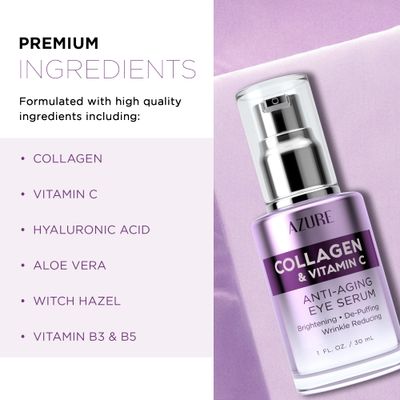 AZURE Collagen & Vitamin C Anti Aging Eye Serum - Toning, De-Puffing Serum - Reduces Wrinkles, Fine Lines & Dark Circles - Minimizes Fatigue - Skin Care Made in Korea - 30mL / 1 fl.oz.