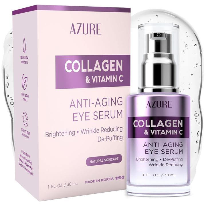 AZURE Collagen &amp; Vitamin C Anti Aging Eye Serum - Toning, De-Puffing Serum - Reduces Wrinkles, Fine Lines &amp; Dark Circles - Minimizes Fatigue - Skin Care Made in Korea - 30mL / 1 fl.oz.