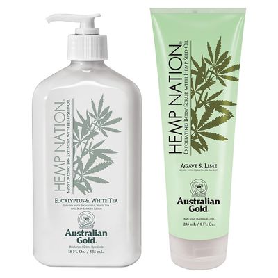 Australian Gold Hemp Nation Eucalyptus &amp; White Tea Bundle - Tan Extender Body Lotion (18 FL Oz) and Exfoliating Agave &amp; Lime Body Scrub (8 FL Oz), Skin Barrier Repair, Pure Hemp Seed Oil