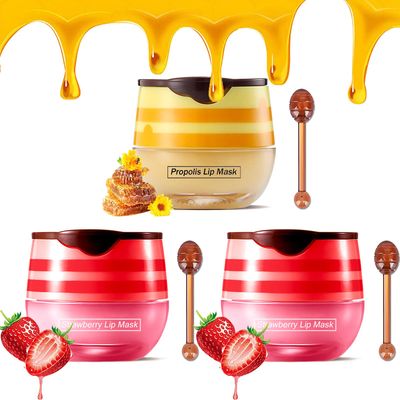Bee Lip Balm Honey Pot,Strawberry &amp; Honey Moisturizing Propolis Lip Mask,Hydrating Prevention Dry and Cracked Lip Scrubs Exfoliator,Lip Sleep Mask Reduces Lip Lines Lip Skin Care Products