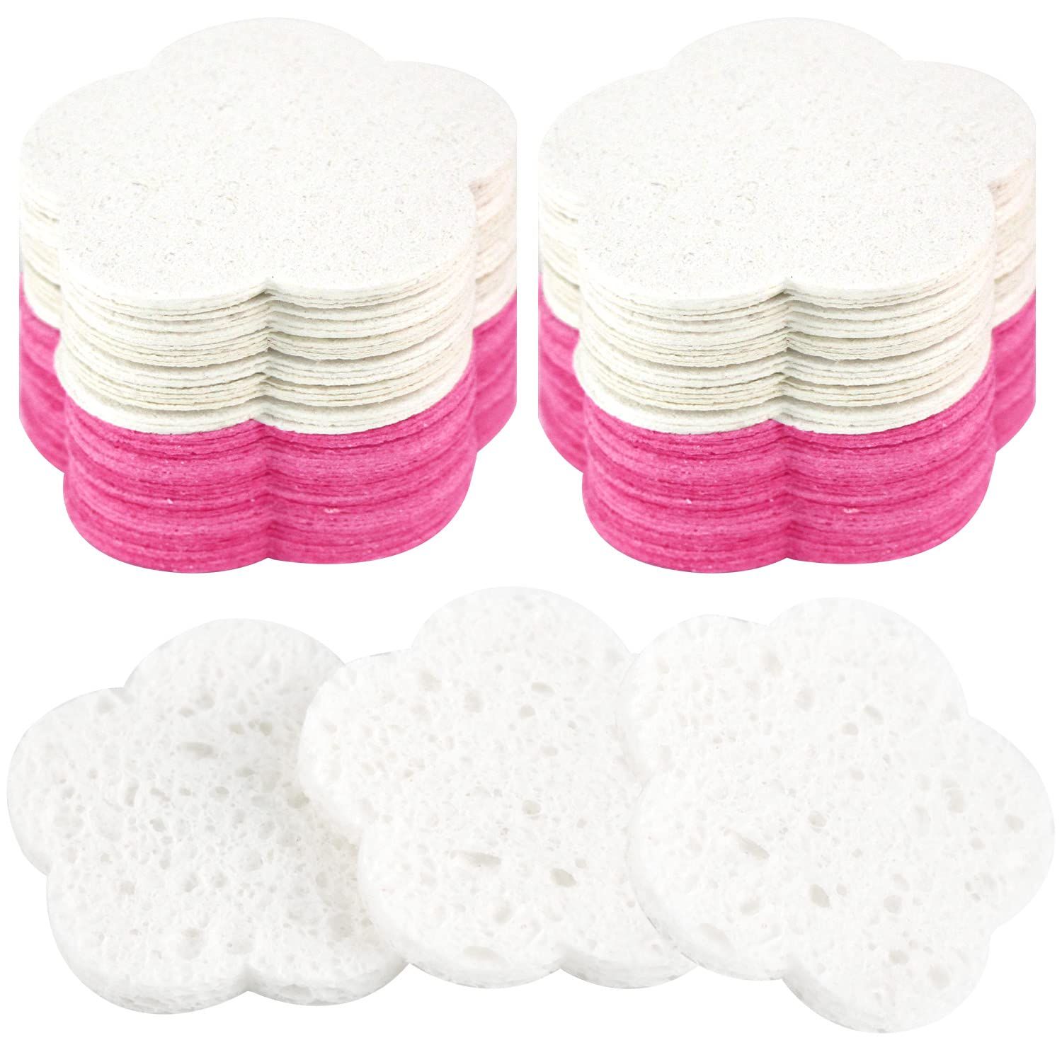 100-Count Facial Sponges Compressed Facial Sponges Natural Facial Cleansing Sponges Pads Cute Flower Shape Exfoliating Sponges for Cleansing Reusable,Best Makeup Gift, White+Pink