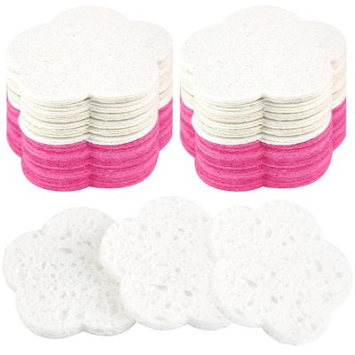 100-Count Facial Sponges Compressed Facial Sponges Natural Facial Cleansing Sponges Pads Cute Flower Shape Exfoliating Sponges for Cleansing Reusable,Best Makeup Gift, White+Pink