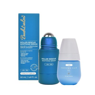 Bushbalm Ingrown Hair Roller Rescue And Nude Oil Bundle - Includes AHA &amp; BHA - Exfoliating, Soothing, Cooling for Intimate Areas, Underarms - Helps With Razor Bumps and Ingrown Hairs, Blue (Bundle)