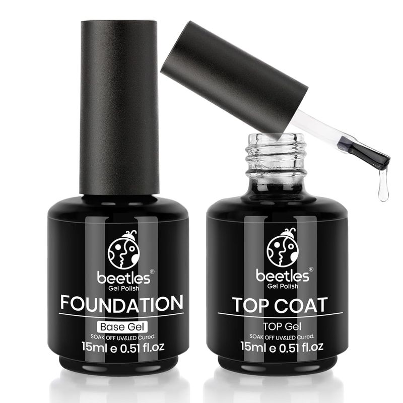 beetles Gel Polish Base Gel Top Coat Set, 2Pcs 15ML/0.5OZ Clear Base Coat No Wipe Top Gel Set Soak Off UV LED Glossy Shine Finish Long Lasting DIY Nail Salon Manicure Valentine's Day Gift for Women