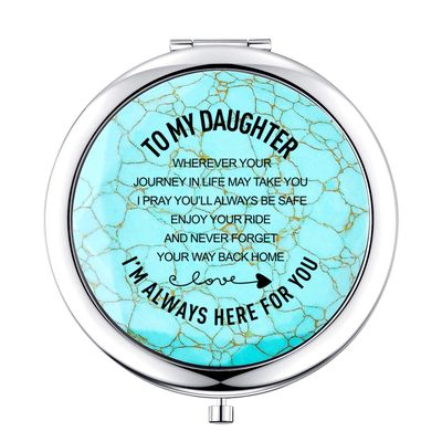 Daughter Gifts from Mom and Dad,Sweet Birthday Gift for Daughter Teen Girls Keepsake,Unique Engraved Natural Turquoise Compact Mirror
