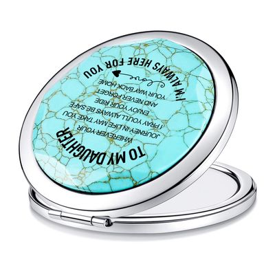 Daughter Gifts from Mom and Dad,Sweet Birthday Gift for Daughter Teen Girls Keepsake,Unique Engraved Natural Turquoise Compact Mirror